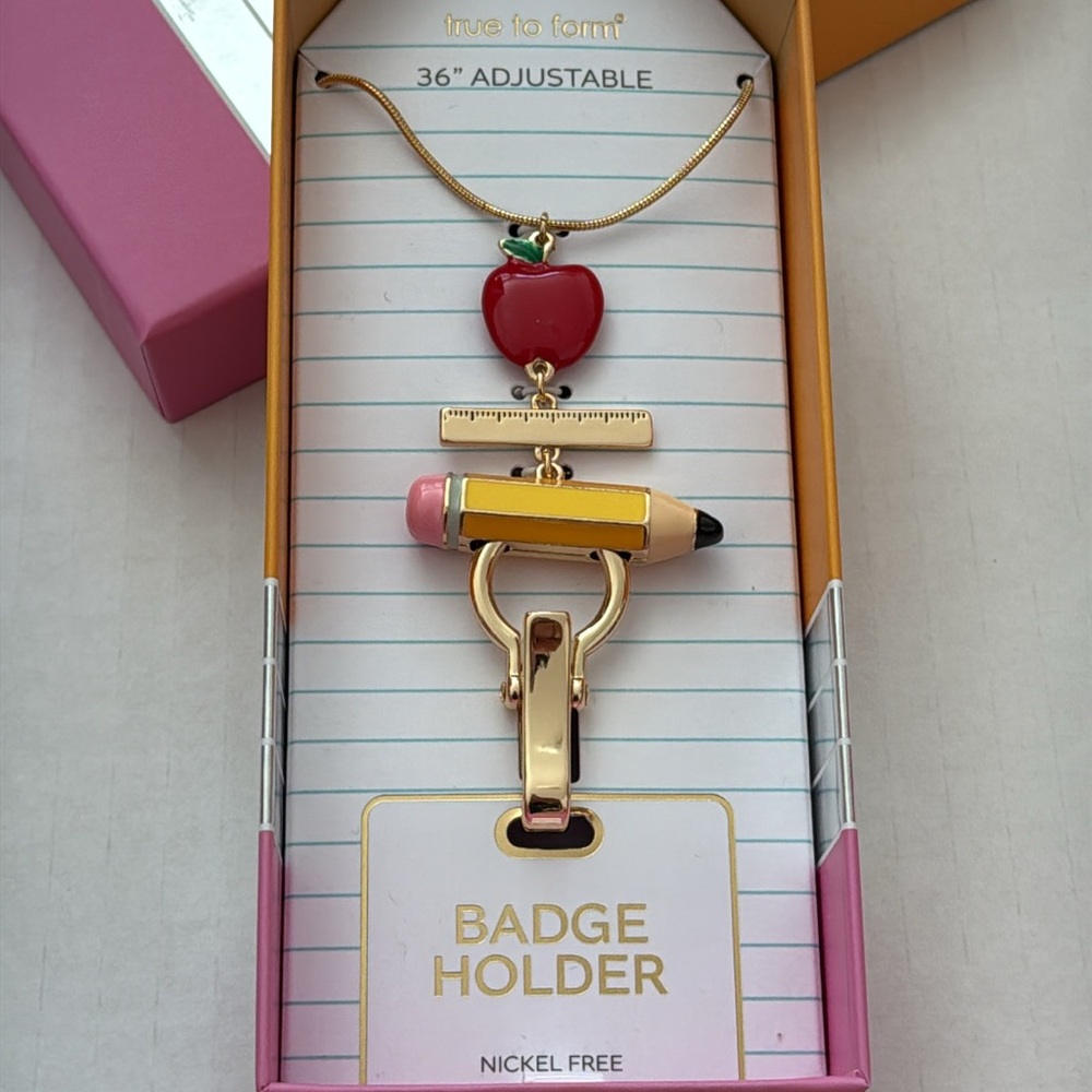 NWT True to Form Teacher Badge ID card Holder apple ruler pencil